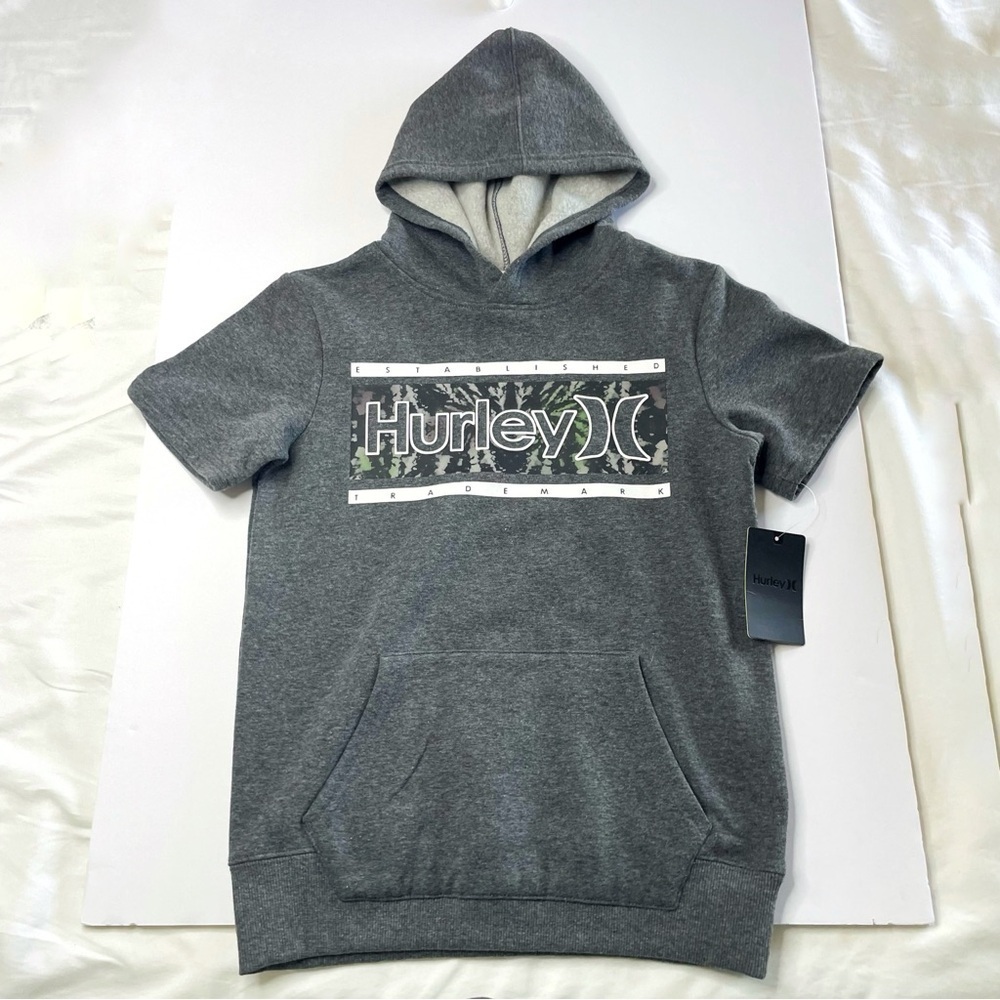 HURLEY NWT Boys Kids Dark Grey Short Sleeve Hoodie with Logo Tie-dye Size M.